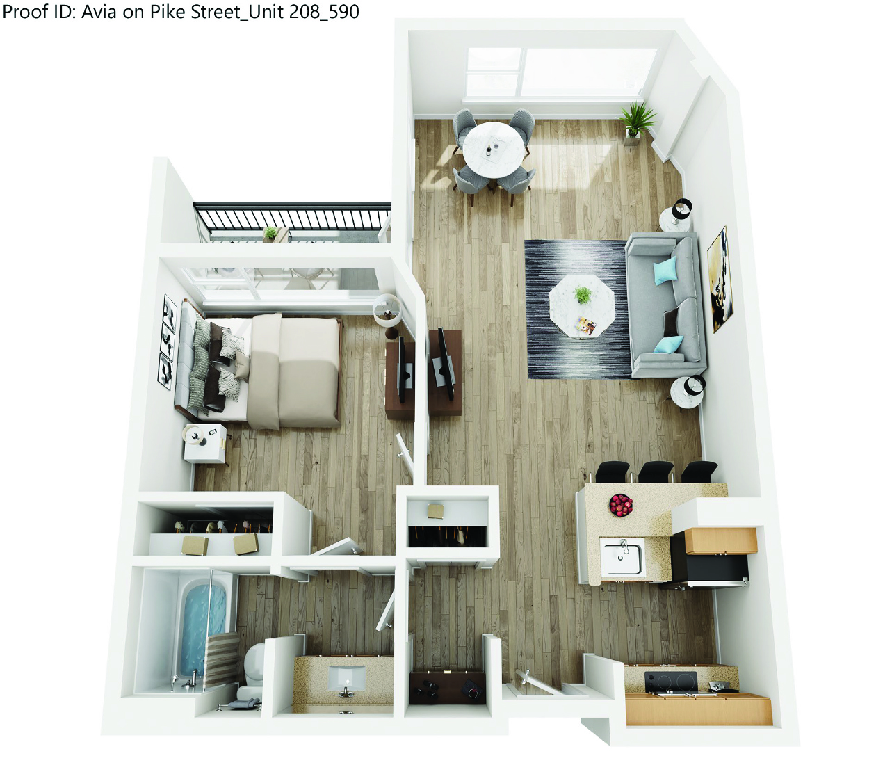 Floor plan for 1 bed, 1 bath, 590 sqft