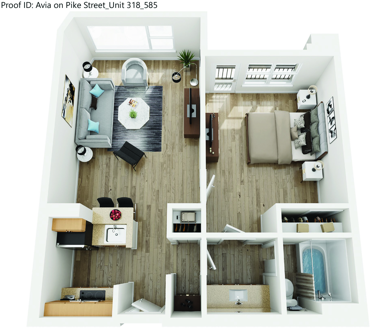 Floor plan for 1 bed, 1 bath, 588 sqft