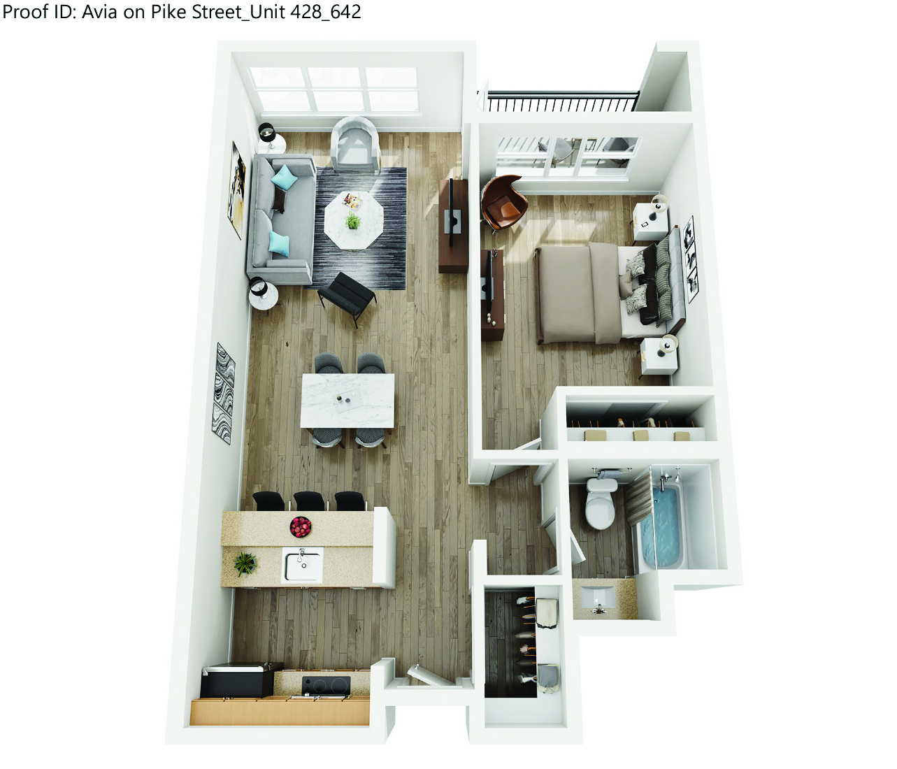 Floor plan for 1 bed, 1 bath, 632 sqft