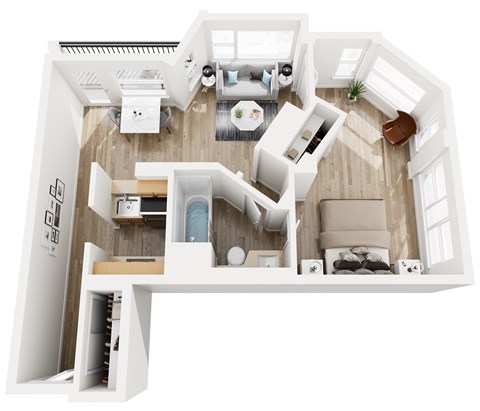 Floor plan for 1 bed, 1 bath, 672 sqft