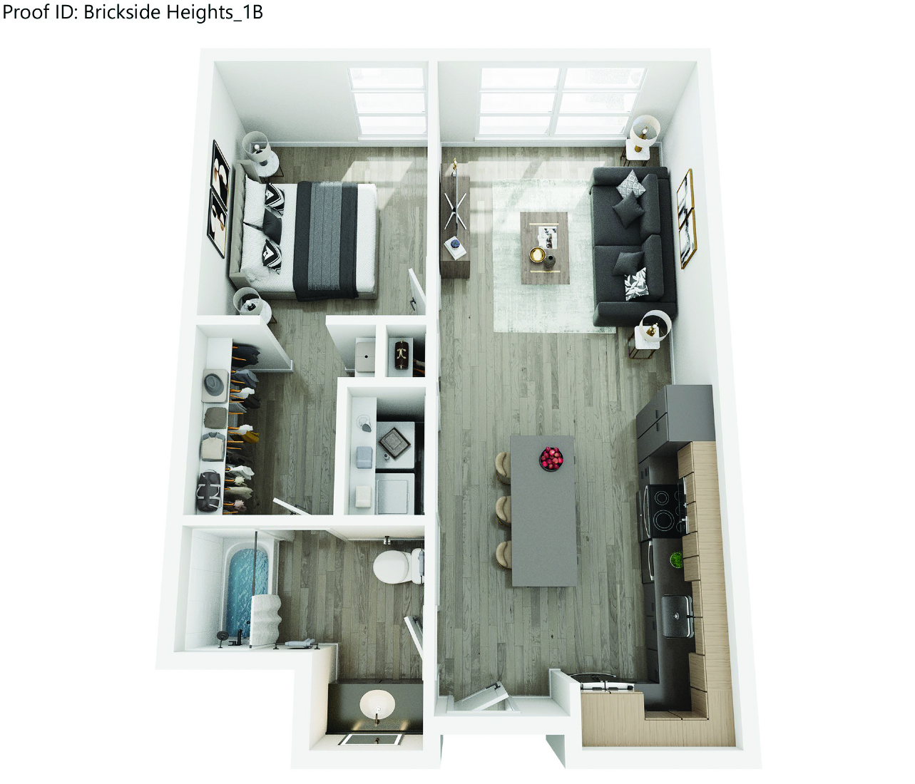Floor plan for 1 bed, 1 bath, 735 sqft