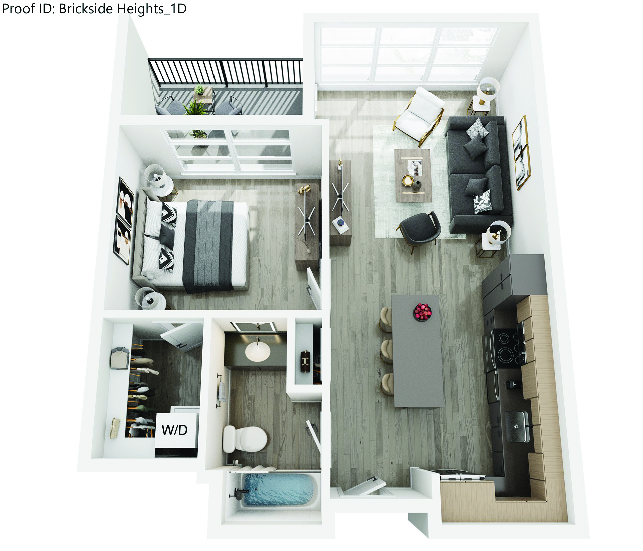 Floor plan for 1 bed, 1 bath, 730 sqft