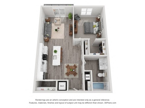 Floor plan for 1 bed, 1 bath, 717 sqft