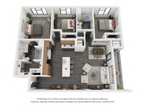 Floor plan for 3 beds, 2 baths, 1255 sqft