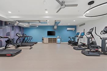 A gym with treadmills and exercise bikes.