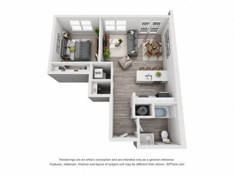 Floor plan for 1 bed, 1 bath, 643 sqft