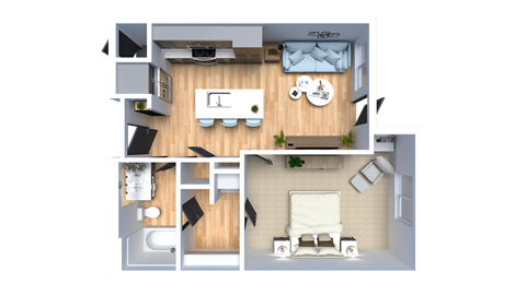 Floor plan for 1 bed, 1 bath, 718 sqft