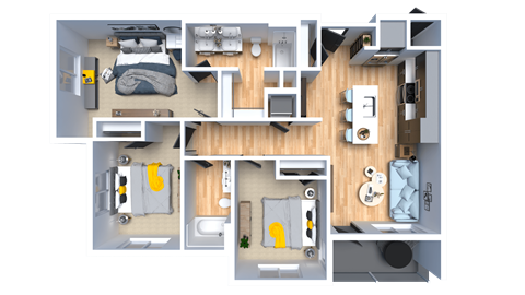 Floor plan for 3 beds, 2 baths, 1254 sqft