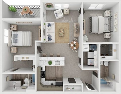 Floor plan for 2 beds, 2 baths, 935 sqft