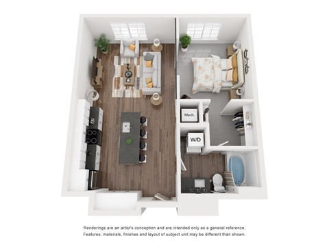 Floor plan for 1 bed, 1 bath, 640 sqft