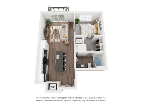 Floor plan for 1 bed, 1 bath, 674 sqft