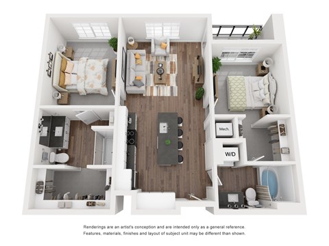 Floor plan for 2 beds, 2 baths, 1030 sqft