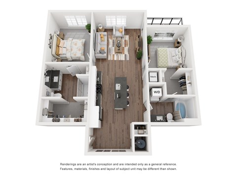 Floor plan for 2 beds, 2 baths, 937 sqft