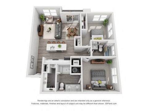 Floor plan for 2 beds, 2 baths, 1081 sqft