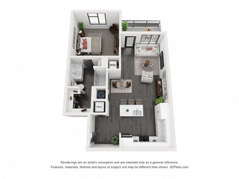 Floor plan for 1 bed, 1 bath, 729 sqft