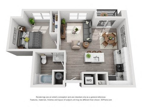Floor plan for 1 bed, 1 bath, 681 sqft