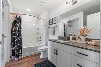 Bathroom with dark countertop vanity and shower tub