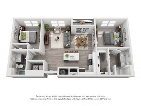 Floor plan for 2 beds, 2 baths, 999 sqft