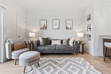 Salt Lake City apartment for rent - A living room with a grey couch, a grey ottoman, and a rug with a grey and white pattern.