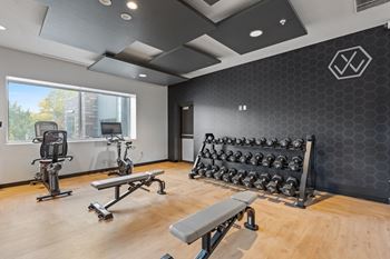 A gym with a bench, weights, and exercise equipment.
