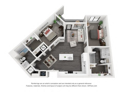 Floor plan for 2 beds, 2 baths, 1088 sqft