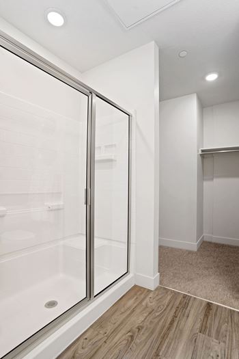 White bathroom with walk-in closet