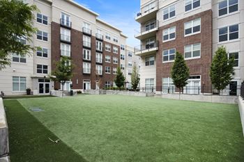 Grassy area in front of apartment buildings