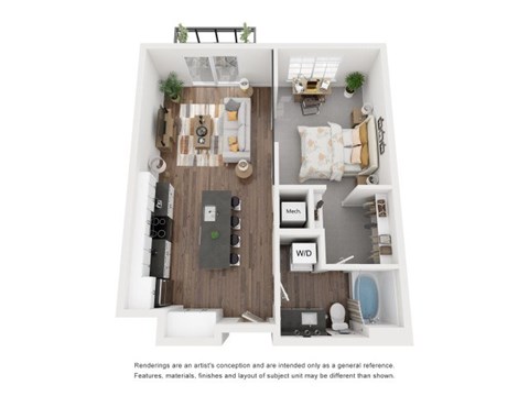 Floor plan for 1 bed, 1 bath, 626 sqft