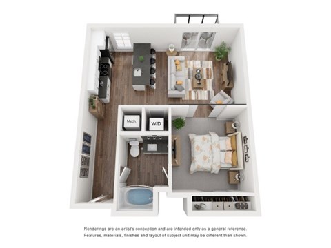 Floor plan for 1 bed, 1 bath, 676 sqft