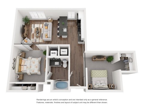 Floor plan for 2 beds, 1 bath, 796 sqft