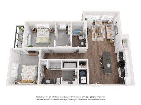 Floor plan for 2 beds, 2 baths, 1101 sqft