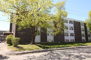 Kingston apartment for rent - A tree with yellow leaves is in front of a building with a sign that says "The Sundialer.".