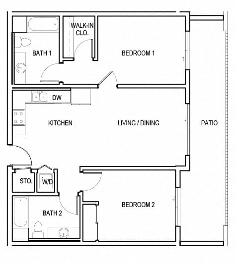 Floor plan for 2 beds, 2 baths, 931 sqft