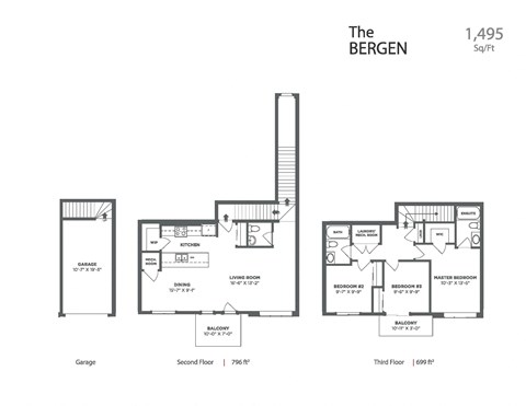 Floor plan for 3 beds, 2.5 baths, 1495 sqft