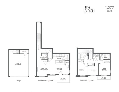 Floor plan for 3 beds, 2.5 baths, 1277 sqft
