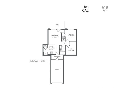 Floor plan for 1 bed, 1 bath, 618 sqft