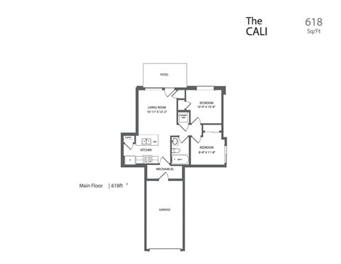 Floor plan for 2 beds, 1 bath, 618 sqft