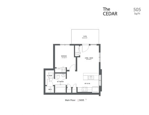 Floor plan for 1 bed, 1 bath, 505 sqft