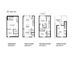 Calgary townhouse for rent - A diagram shows the layout of apartment 4/9 with basement, first, second and third floor plans.