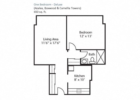 Floor plan for 1 bed, 1 bath, 650 sqft