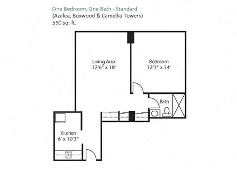 Floor plan for 1 bed, 1 bath, 560 sqft