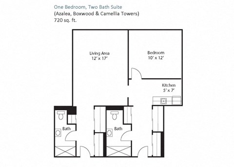 Floor plan for 1 bed, 2 baths, 720 sqft