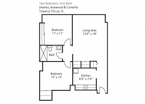Floor plan for 2 beds, 1 bath, 715 sqft