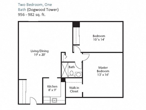 Floor plan for 2 beds, 1 bath, 982 sqft