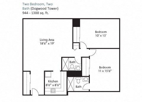 Floor plan for 2 beds, 2 baths, 944 sqft