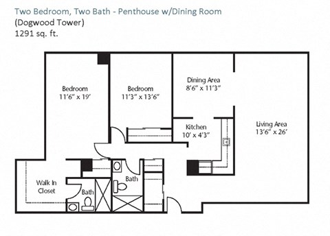 Floor plan for 2 beds, 2 baths, 1291 sqft