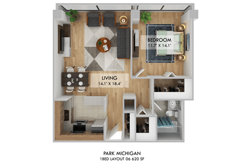 Floor plan for 1 bed, 1 bath, 620 sqft