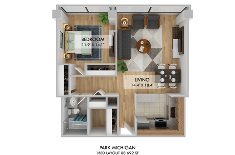 Floor plan for 1 bed, 1 bath, 692 sqft