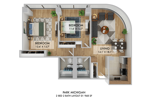Floor plan for 2 beds, 2 baths, 968 sqft