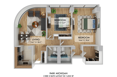 Floor plan for 2 beds, 2 baths, 1055 sqft